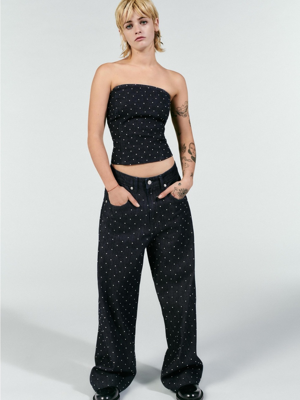 Zara Indigo Studded Denim Bandeau Top and jeans matching set